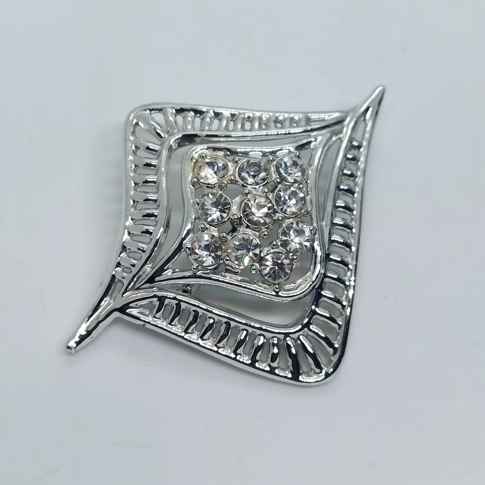 Vintage Silver Tone Rhinestone Brooch‎ Abstract Design
